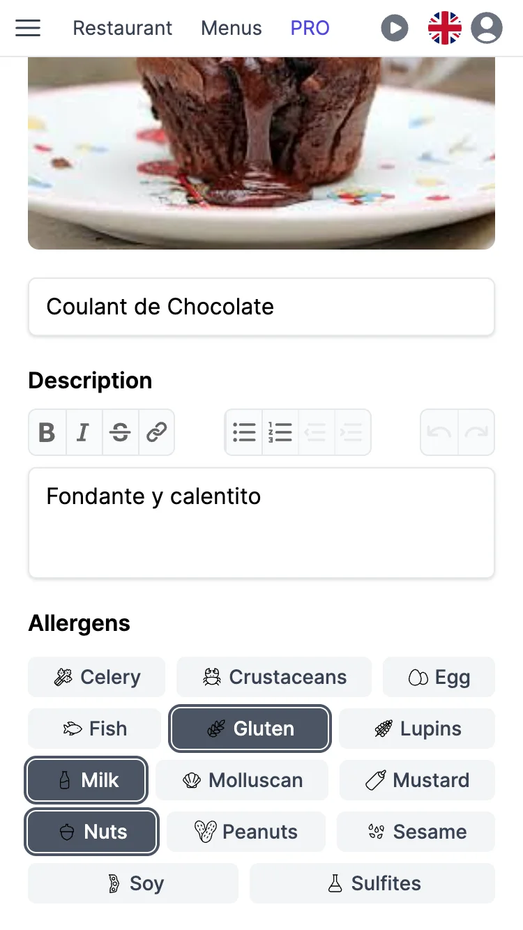 TopFood App dish editor showing allergen toggles for the 14 mandatory allergens