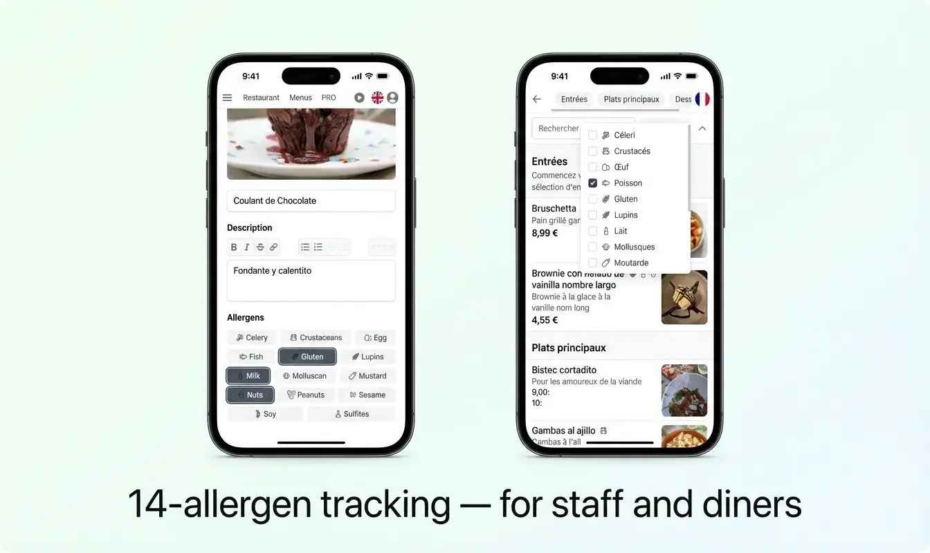 Allergen management on TopFood App — staff view and guest allergen filter side by side