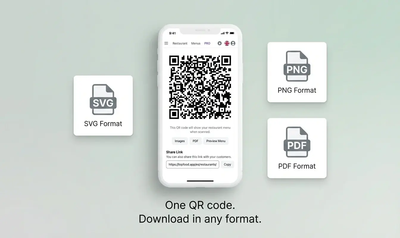TopFood App QR code download page showing SVG, PNG, and PDF export options