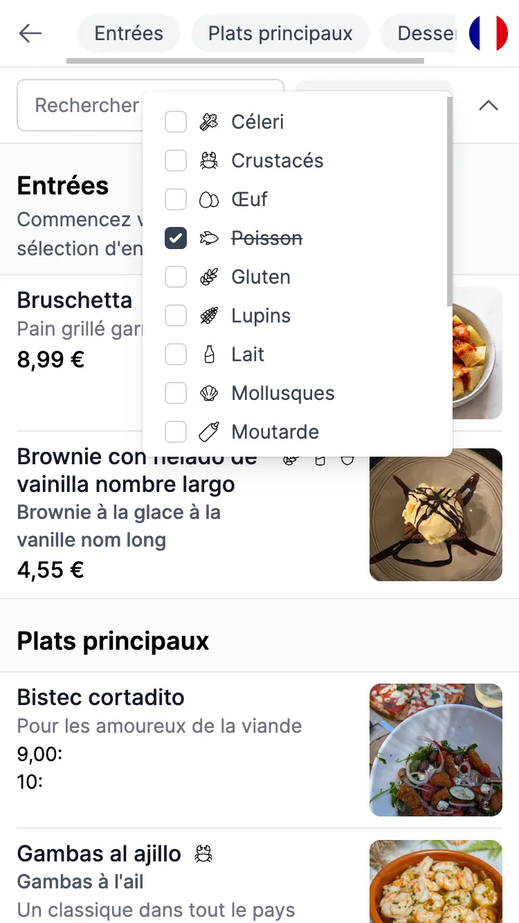 A public menu on a phone with the allergen filter open, several allergens ticked