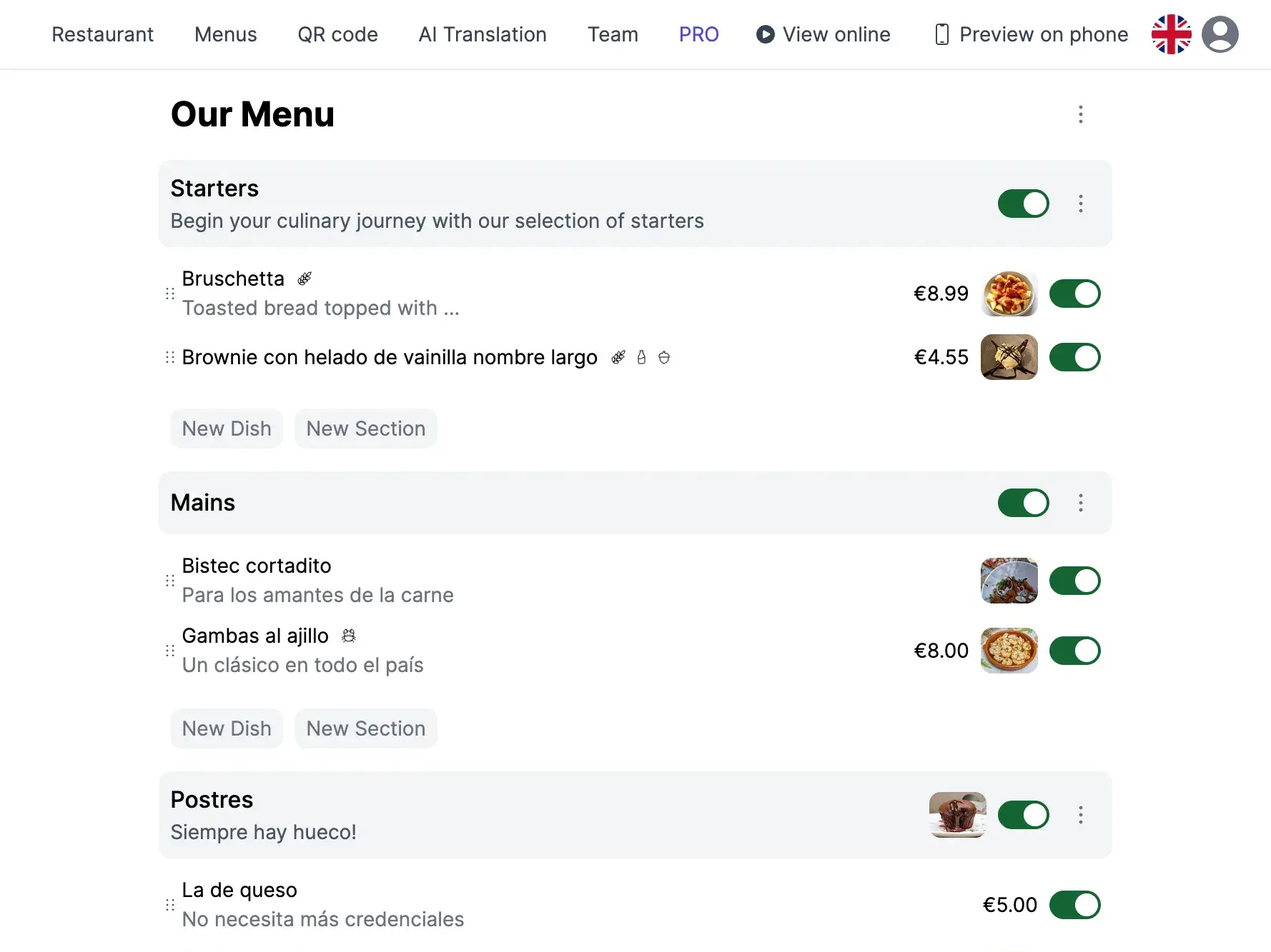 The Top Food App menu editor on a laptop, with sections and dishes being edited