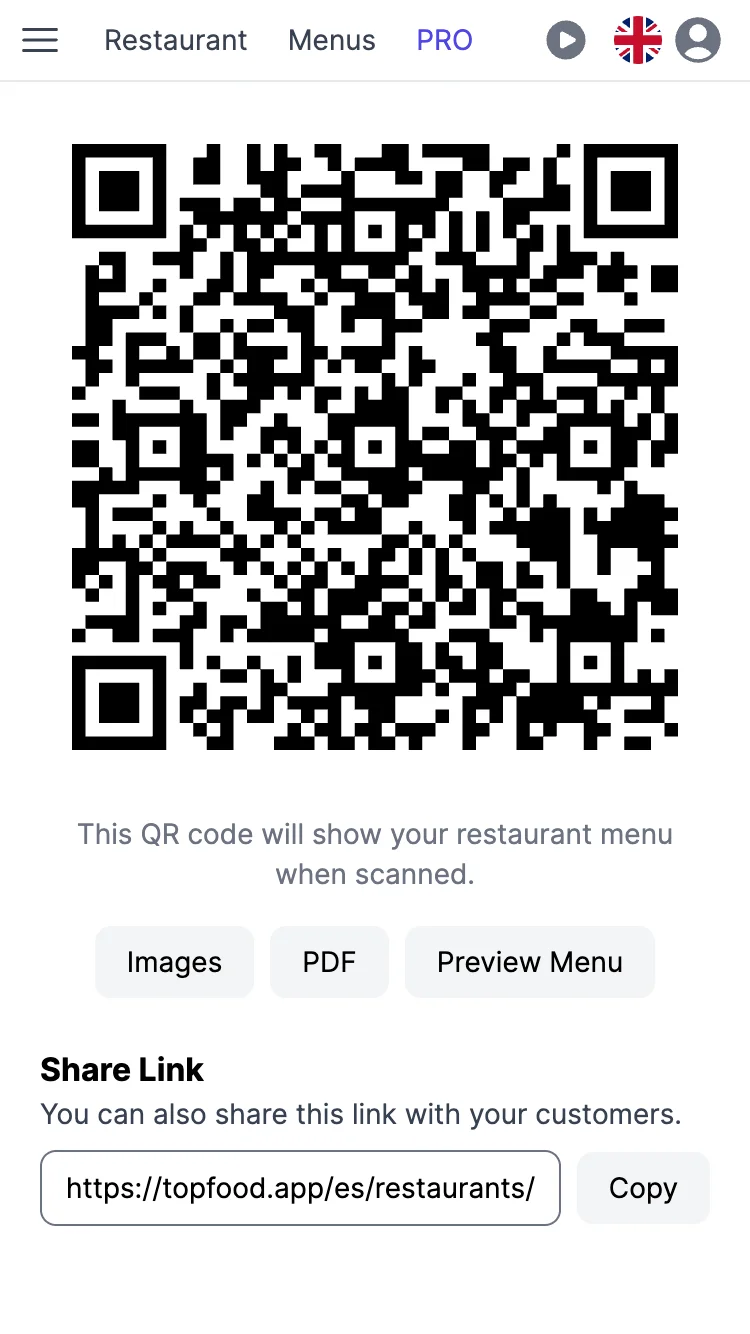 The QR code page of a restaurant on a phone, ready to download and print