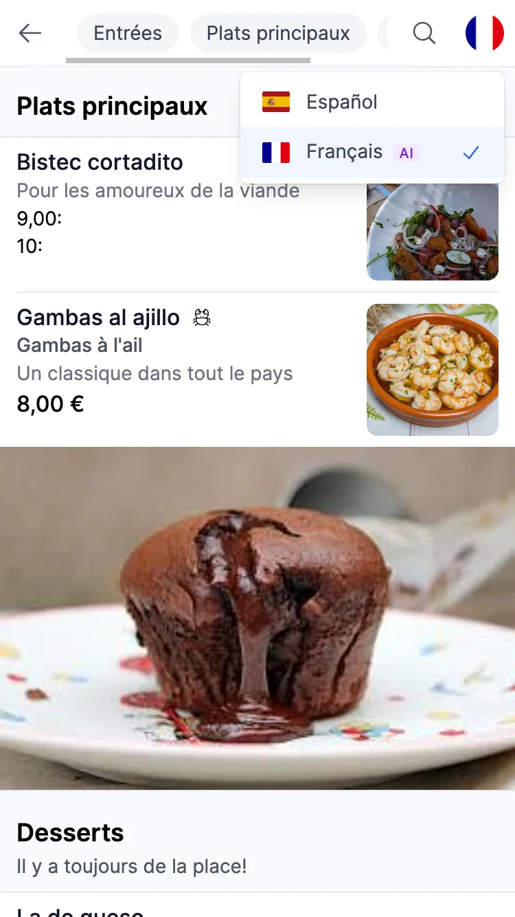 A public menu on a phone, automatically translated into French